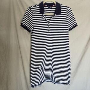 Tommy Hilfiger Navy and White Striped Collared T Shirt Dress Size Small Petite